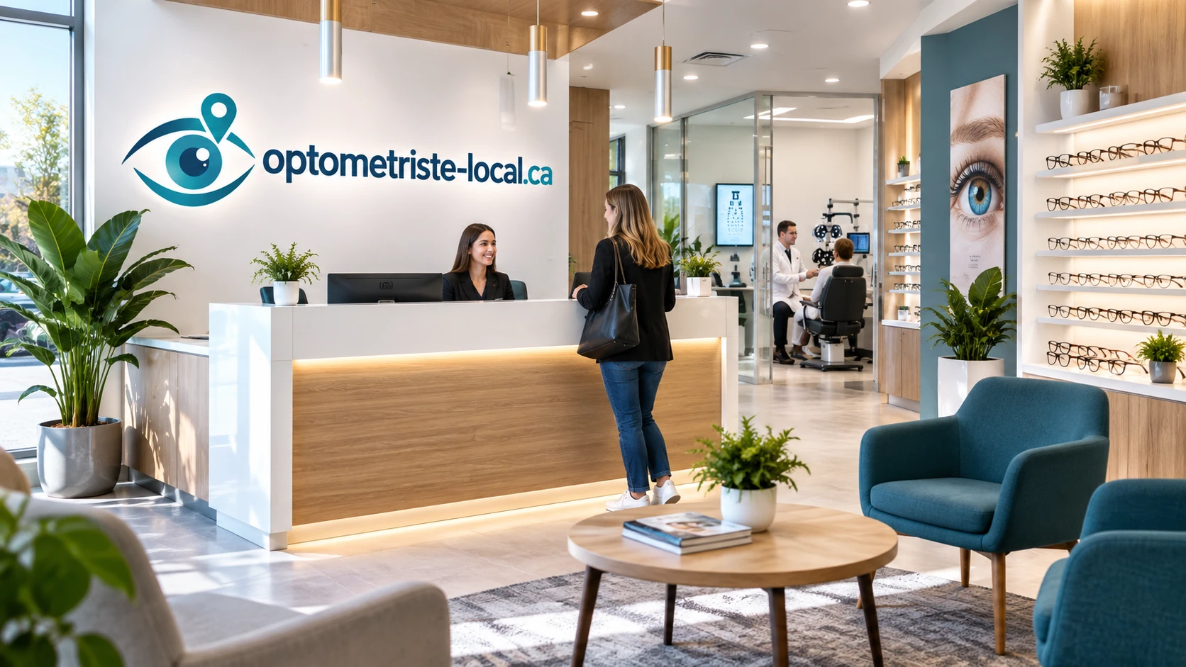 Accueil d'une clinique d'optométrie avec présentoirs de montures