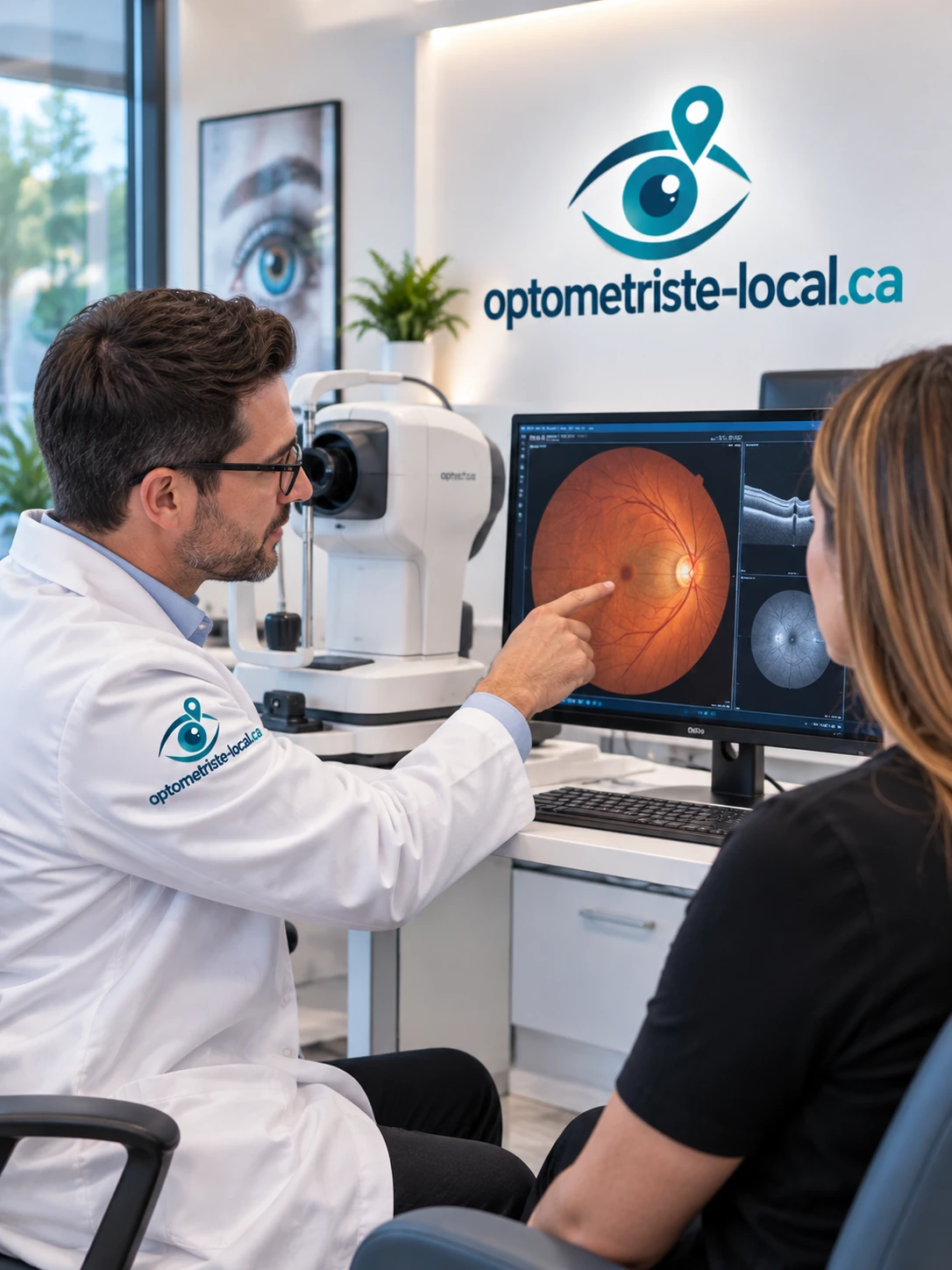 Optométriste expliquant une image du fond de l'œil sur écran