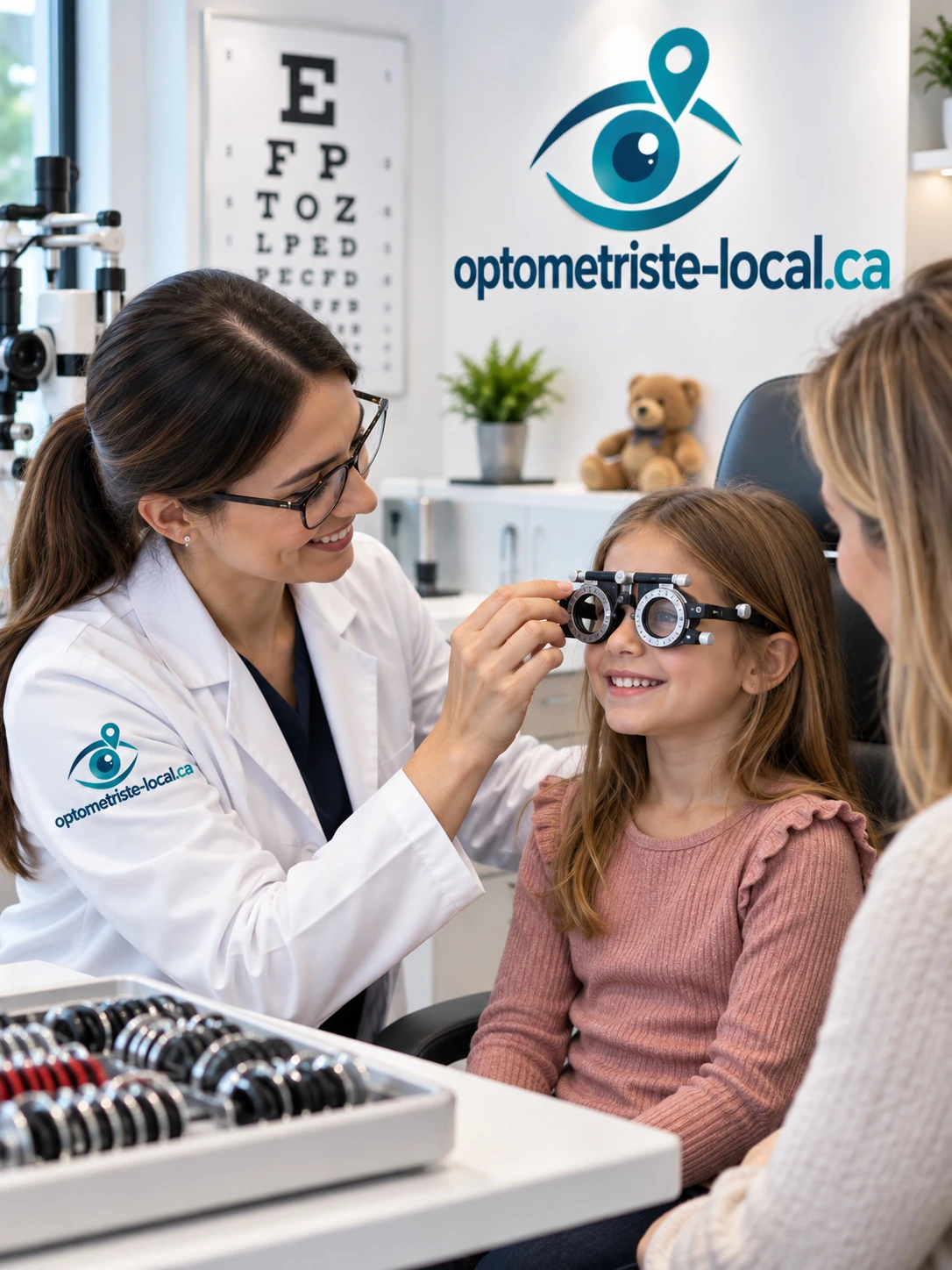 Optométriste examinant la vue d'une enfant avec une monture d'essai